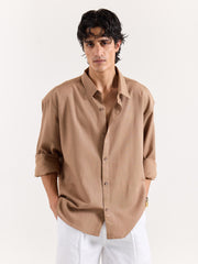 Tan Brown Linen Cropped Shirt